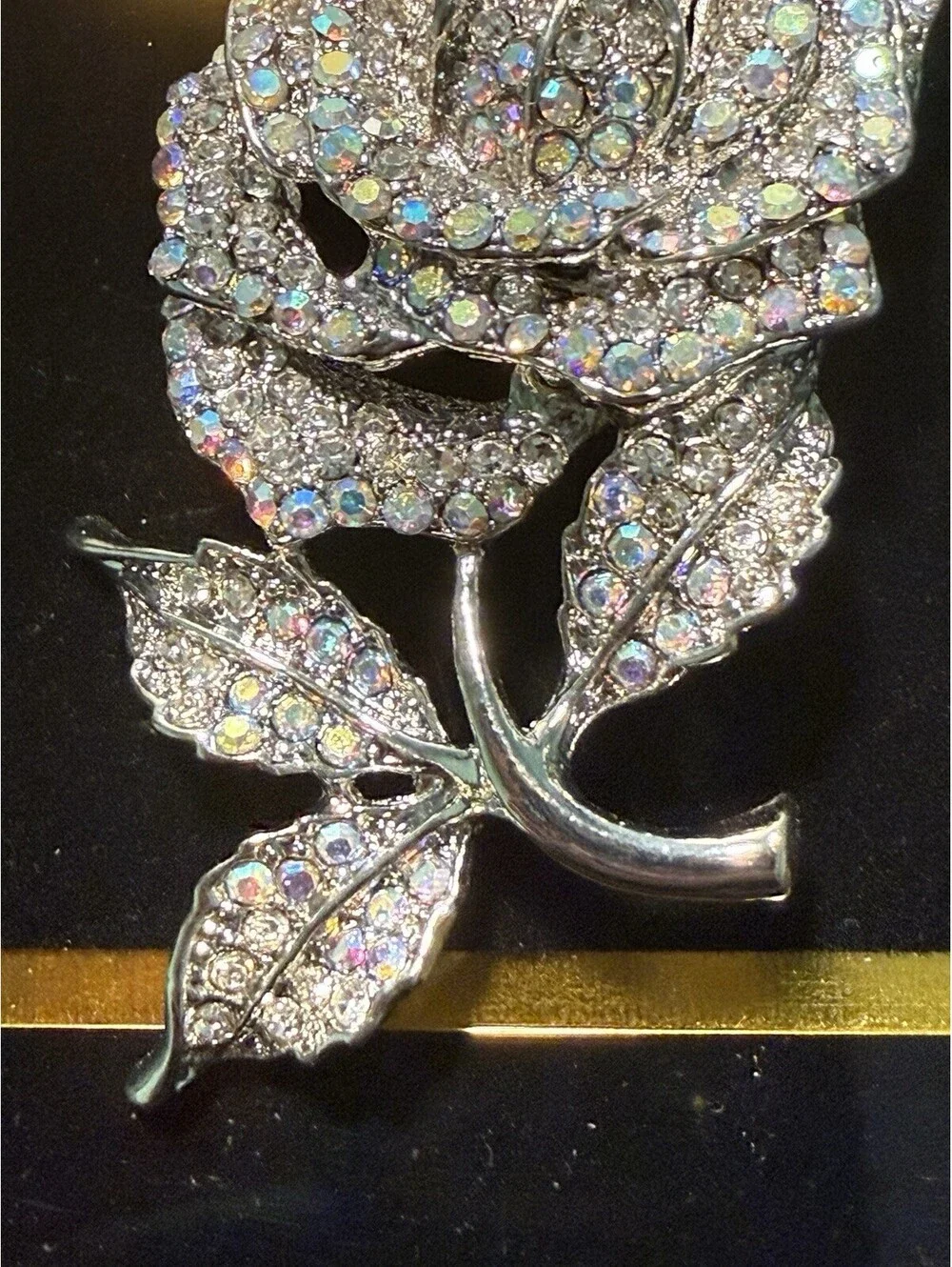 NEW Vintage 2000s Rose Brooch Crystal AB Silver Tone, 1.5x2.5”